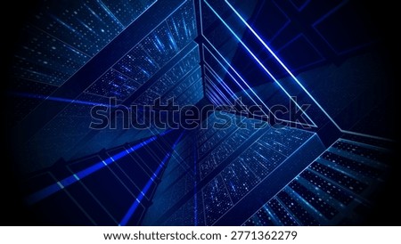 Data server room. Futuristic datacenter interior featuring illuminated equipment racks, advanced computing infrastructure, and cybersecurity systems for business operations. Digital tech background.
