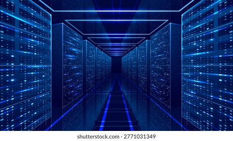 Data Server Room. Glass Mirror Floor. Modern Data Center. Glowing Server Racks and Flowing Digital Connections. Futuristic Cloud Infrastructure Visualization. Technology Background in Tech Blue Colors