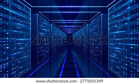 Data Server Room. Glass Mirror Floor. Modern Data Center. Glowing Server Racks and Flowing Digital Connections. Futuristic Cloud Infrastructure Visualization. Technology Background in Tech Blue Colors