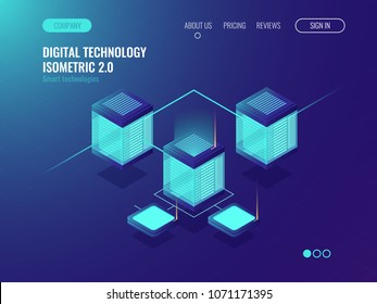 Data Server Room Rack, Bigdata Processing Scheme, Networking Topology Concept, Batabase Datacenter Icon, Neon Isometric Gradient