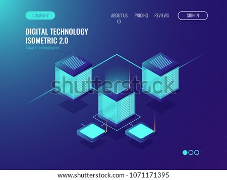 Data server room rack, bigdata processing scheme, networking topology concept, batabase datacenter icon, neon isometric gradient