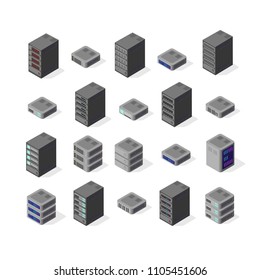 Data server set network technology of networking telecommunication computer. Set isometric 3d vector illustration of computing equipment cloud database center of information internet system storage.