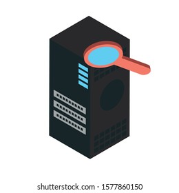 data server tower with magnifying glass vector illustration design