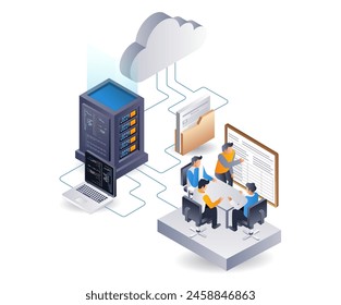 Data server web application system development team, flat isometric 3d illustration infographic