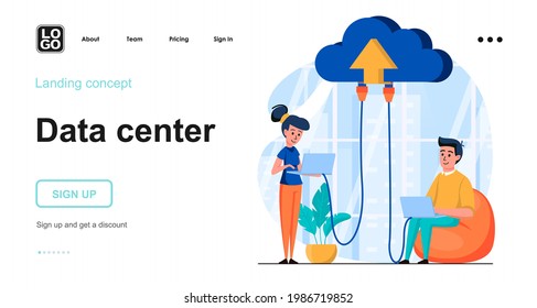Data server web concept. Man and woman works on laptops using cloud storage or computing technology. Template of people scene. Vector illustration with character activities in flat design for website