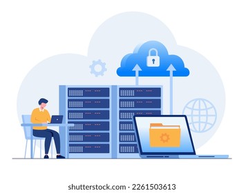 Concepto web de servidor de datos. Tecnología de almacenamiento, base de datos. Plantilla de escena de personas. Ilustración vectorial con actividades de carácter en diseño plano para sitio web, carpeta