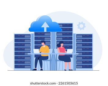 Data server web concept. Storage technology, database. Template of people scene. Vector illustration with character activities in flat design for website, folder, data center