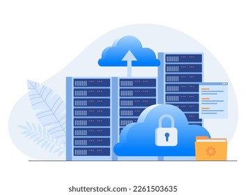 Data server web concept. Storage technology, database. Template of people scene. Vector illustration with character activities in flat design for website, folder, data center