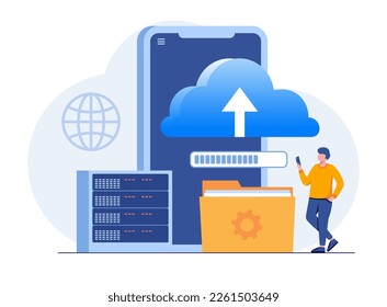 Data server web concept. Storage technology, database. Template of people scene. Vector illustration with character activities in flat design for website, folder