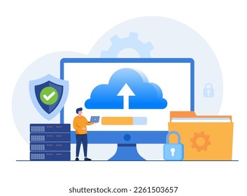 Data server web concept. Storage technology, database. Template of people scene. Vector illustration with character activities in flat design for website, folder