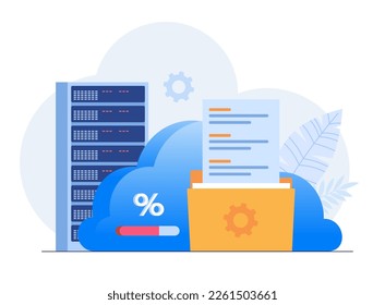 Data server web concept. Storage technology, database. Template of people scene. Vector illustration with character activities in flat design for website, folder, data center
