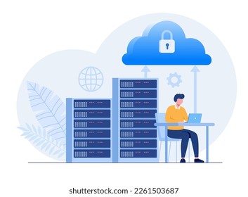 Data server web concept. Storage technology, database. Template of people scene. Vector illustration with character activities in flat design for website, folder, data center