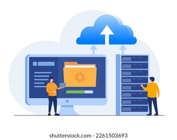 Data server web concept. Storage technology, database. Template of people scene. Vector illustration with character activities in flat design for website, folder, data center