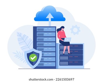 Data server web concept. Storage technology, database. Template of people scene. Vector illustration with character activities in flat design for website, folder, data center