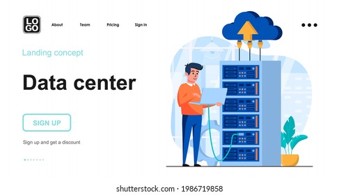 Data server web concept. Technician works in server room racks. Cloud storage technology, database. Template of people scene. Vector illustration with character activities in flat design for website
