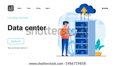 Data server web concept. Technician works in server room racks. Cloud storage technology, database. Template of people scene. Vector illustration with character activities in flat design for website