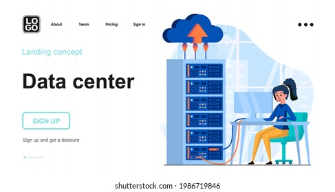 Data server web concept. Woman engineer maintains work in server room racks, datacenter hardware. Template of people scene. Vector illustration with character activities in flat design for website