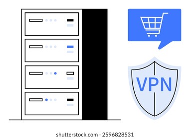 Data servers alongside a blue shopping cart icon in a speech bubble and VPN shield symbolizing secure online activities. Ideal for e-commerce, cybersecurity, web hosting, data protection, network