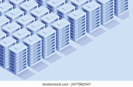 Data servers - Big data server park with rows of technology towers for network cloud and internet storage. Isometric view vector illustration