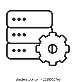 servidores de datos e icono de la rueda de engranajes sobre fondo blanco, estilo de línea, ilustración vectorial