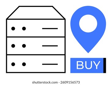 Data servers next to a geolocation pin and a Buy button. Ideal for e-commerce, cloud computing, web hosting, data centers, online transactions, geolocation services, and IT infrastructure. Line
