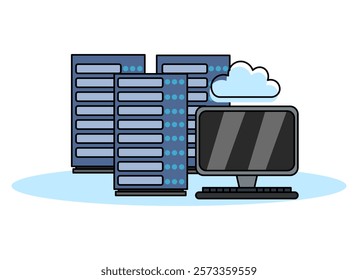 Data servers, server racks and computer monitors, represent cloud computing and data storage. Relevant for topics related to technology, data management, cloud services, and IT infrastructure.