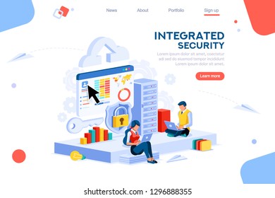 Data services for innovation. Safety social global integrated security. Virtual key support. Storage drawing circuit of database. Web banner, flat isometric illustration isolated on white background.