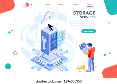 Data services for innovation. Safety social global integrated security. Virtual key support. Storage drawing circuit of database. Web banner, flat isometric illustration isolated on white background.