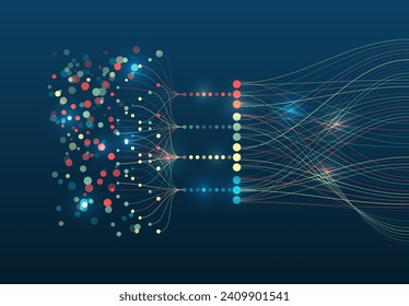 Data set analysis and visualization. Abstract business analytics. An array of information in the form of waves. Large data stream on a dark background, glowing lines and circles. 