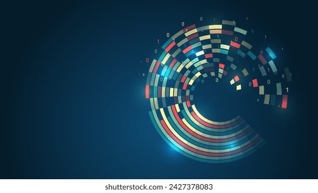 Data set analysis and visualization. Artificial intelligence, business analytics. An array of information in the form of a disk. Large data stream on a dark background, glowing lines and circles.