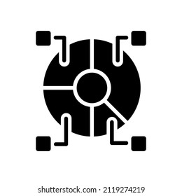 Data set analytics black glyph icon. Information structure researching. Data mining and statistics. Collection and interpretation. Silhouette symbol on white space. Vector isolated illustration