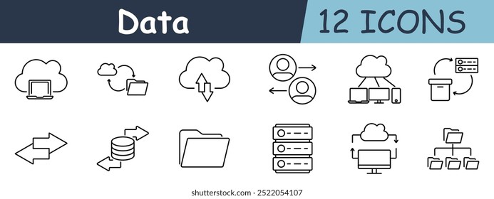 Icono de conjunto de datos. Almacenamiento en la nube, sincronización, uso compartido en la nube, transferencia de carpetas, acceso remoto, intercambio de documentos, copia de seguridad, protección contra incendios, seguridad de huellas dactilares, intercambio de datos, administración de servidores.