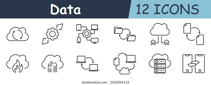 Icono de conjunto de datos. Almacenamiento en la nube, sincronización, uso compartido en la nube, transferencia de carpetas, acceso remoto, intercambio de documentos, copia de seguridad, protección contra incendios, seguridad de huellas dactilares, intercambio de datos, administración de servidores.