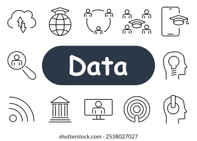 Datensatzsymbol. Globale Bildung, Menschen-Netzwerk, Lupe, Gehirn mit Ideen, Wi-Fi, Laptop-Kommunikation. Optimal für Datenanalyse, E-Learning und Netzwerke