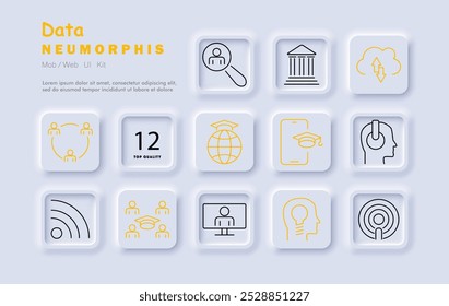 Ícone de conjunto de dados. Pessoas, pesquisa, educação, compartilhamento de conhecimento, upload de nuvem, conexão de rede, reunião virtual, wireless, trabalho em equipe, aprendizagem digital, sistema