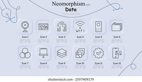 Data set icon. Webcam, fingerprint, Wi-Fi, remote control, file management, color theory, presentation board, layers, image gallery, system settings, digital security, smartphone with image.