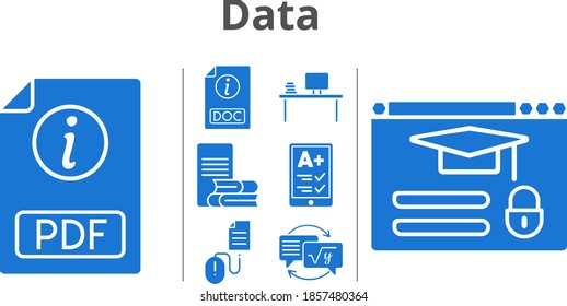 data set. included ereader, pdf, desktop, online-learning, homework, doc, login, click icons. filled styles.