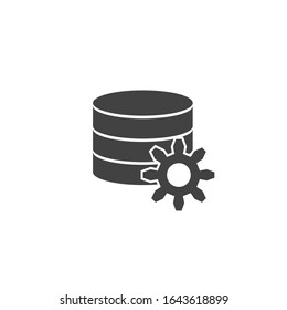Data settings icon. Tools analyse. Hard disk. Cog wheel illustration. Server computer. Flat minimalist design. Black white vector. product brand service label banner board display. App symbol.