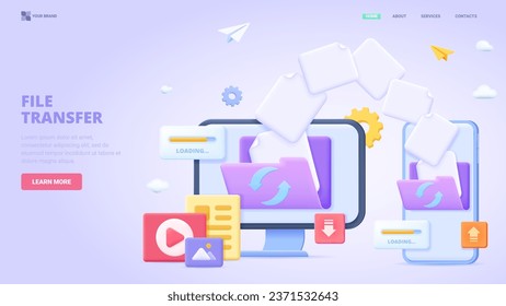 Data share by wifi, file transfer between devices,  remote folder, internet connection. Three dimensional design concept for landing page. 3d vector illustration for website, print, banner