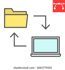 Data share color line icon, database and transfer, laptop with folder vector icon, vector graphics, editable stroke filled outline sign, eps 10.