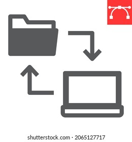 Data share glyph icon, database and transfer, laptop with folder vector icon, vector graphics, editable stroke solid sign, eps 10.