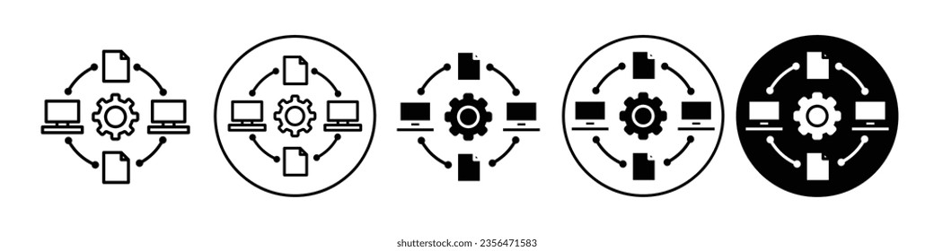 Data share icon. Online file folder transfer network system symbol. Vector set of document sending cloud service. Flat outline of computer database server management interface synchronization software