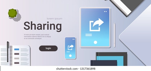 data share online internet sharing network top angle view workplace desktop with tablet pc and smartphone screen synchronization storage office stuff horizontal copy space