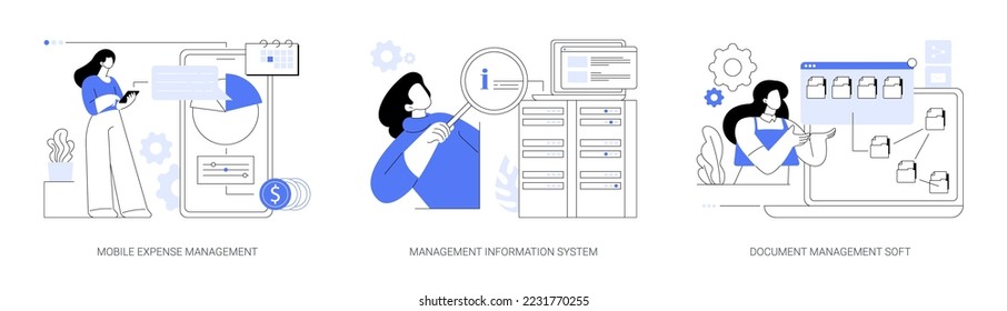 Conjunto de ilustraciones vectoriales de concepto abstracto para el intercambio y análisis de datos. Administración de gastos móviles, sistema de información de administración, software de administración de documentos, DMS basado en nube, monitoreo de metáforas abstractas.