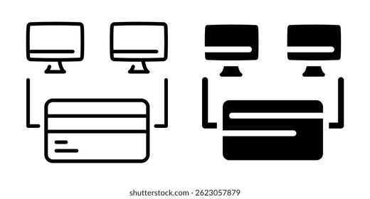 Ícone de compartilhamento de dados com cartão de crédito e computadores. Estilo linear e silhueta.