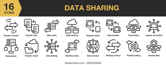 Data Sharing icon set. Includes cloud share, data connect, data transfer, service data, and More. Outline icons vector collection.