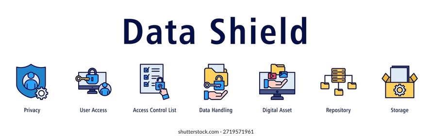 Ilustración vectorial de iconos de Anuncio de Web de protección de datos con iconos de privacidad, acceso de usuario, lista de control de acceso, manejo de datos, activos digitales, repositorio y almacenamiento.