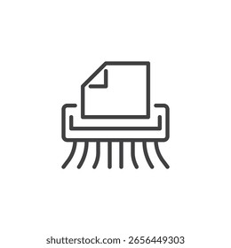 Ícone de linha de destruição de arquivos por destruição de dados. Ícone de estrutura de tópicos de um documento que está sendo destruído, simbolizando o descarte seguro de arquivos digitais. Símbolo de ícone em estilo de linha de vetor.
