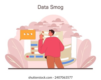 Data Smog concept. A figure contemplates the overwhelming flow of information, symbolic of the challenges in the digital era. Navigating through data excess. Flat vector illustration