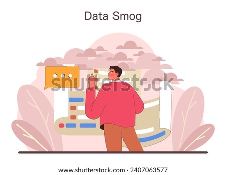 Data Smog concept. A figure contemplates the overwhelming flow of information, symbolic of the challenges in the digital era. Navigating through data excess. Flat vector illustration